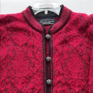 Dale of Norway Red, Burgundy & Black Wool Cardigan, Silver Scandinavian Buttons